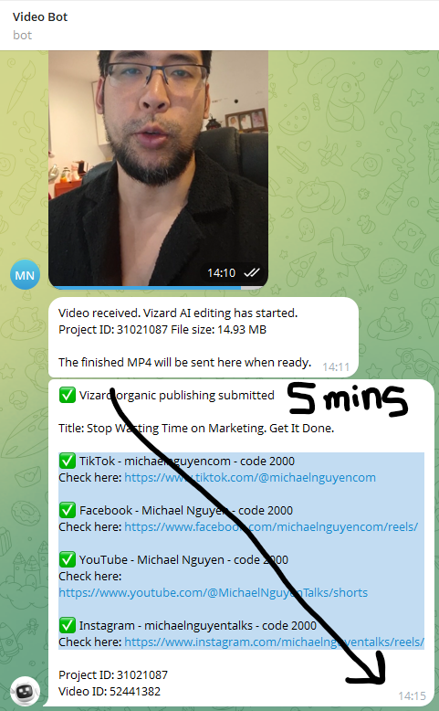 Complete workflow showing video published to TikTok, Facebook, YouTube, and Instagram in 5 minutes
